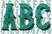 Load image into Gallery viewer, 3D Teal Embossed Metal Alpha Set - Digital Download (Sublimation, Heat Transfer, HTV, Graphic Designs, Clip Art, Commercial Use)