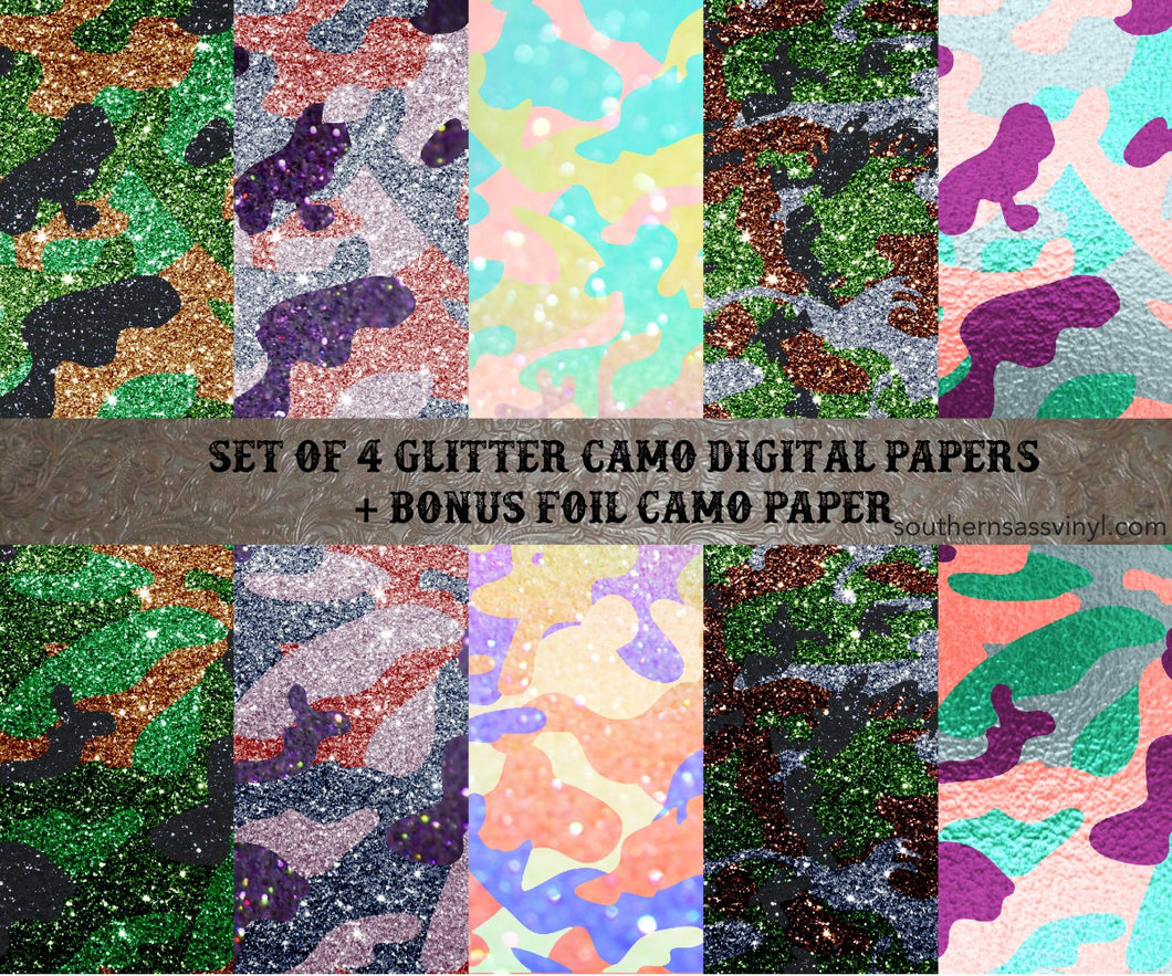 Set of 4 Glitter Camo Papers - Digital Download (Sublimation, Heat Transfer, HTV, Graphic Designs, Clip Art, Commercial Use)