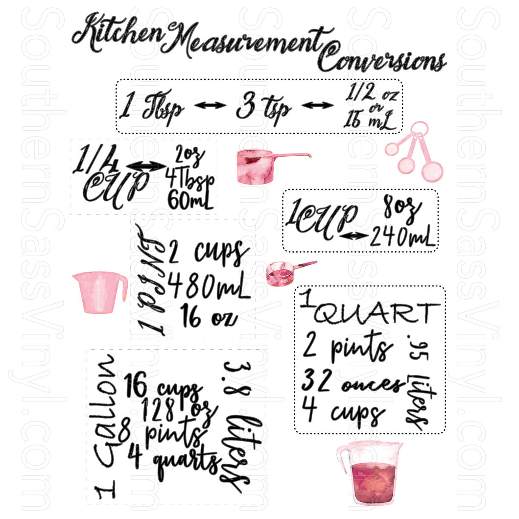 Kitchen Conversion Measurement Chart- Digital Download PNG Clipart Printable