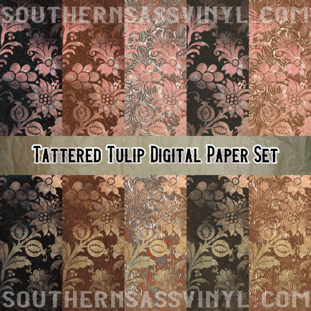 Tattered Tulip Digital Paper Set - Digital Download (Sublimation, Heat Transfer, HTV, Graphic Designs, Clip Art, Commercial Use)